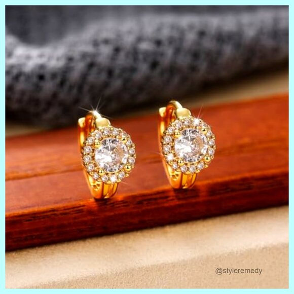 14K Gold Plated Cubic Zirconia Huggie Hoop Earrings, Dainty Halo Design - Picture 5 of 7